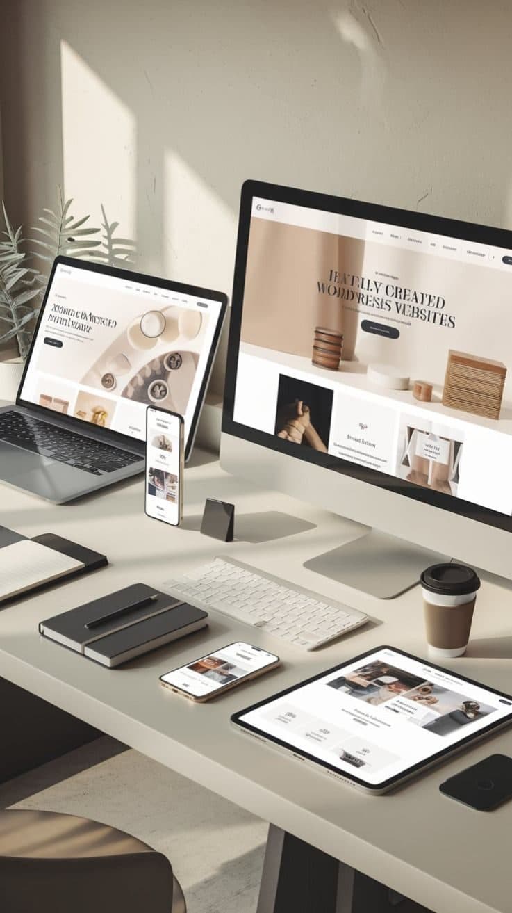 A beauty salon website shown on screen, laptop, tablet and phone resting on a light desk