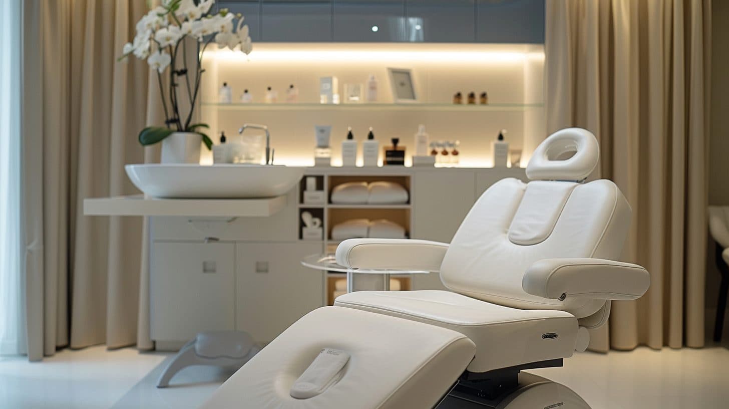 High-end beauty salon cabin, white treatment chair and lit product shelves