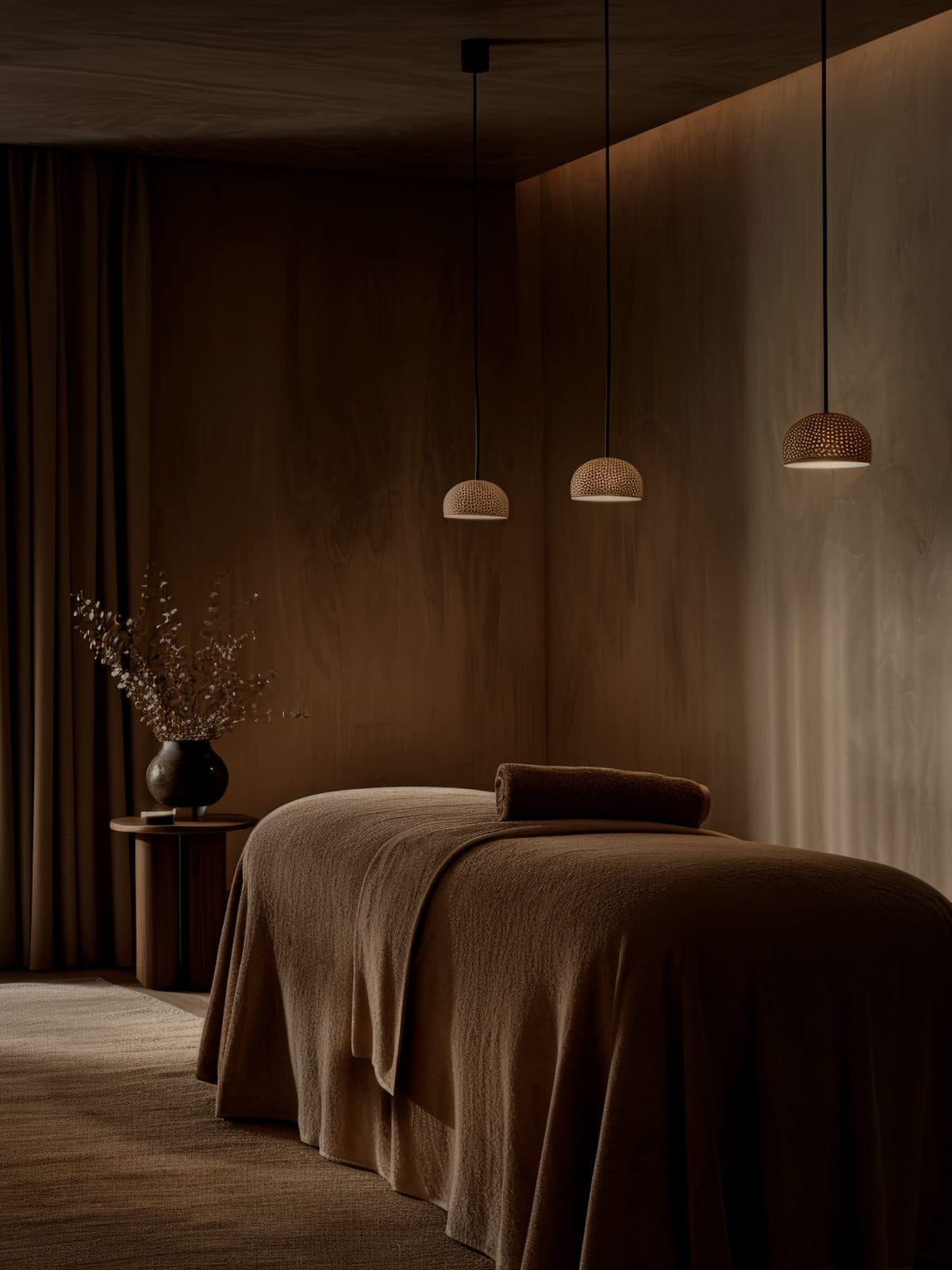 Spa cabin in dimmed light, massage table and designer pendant lights on a dark wood wall